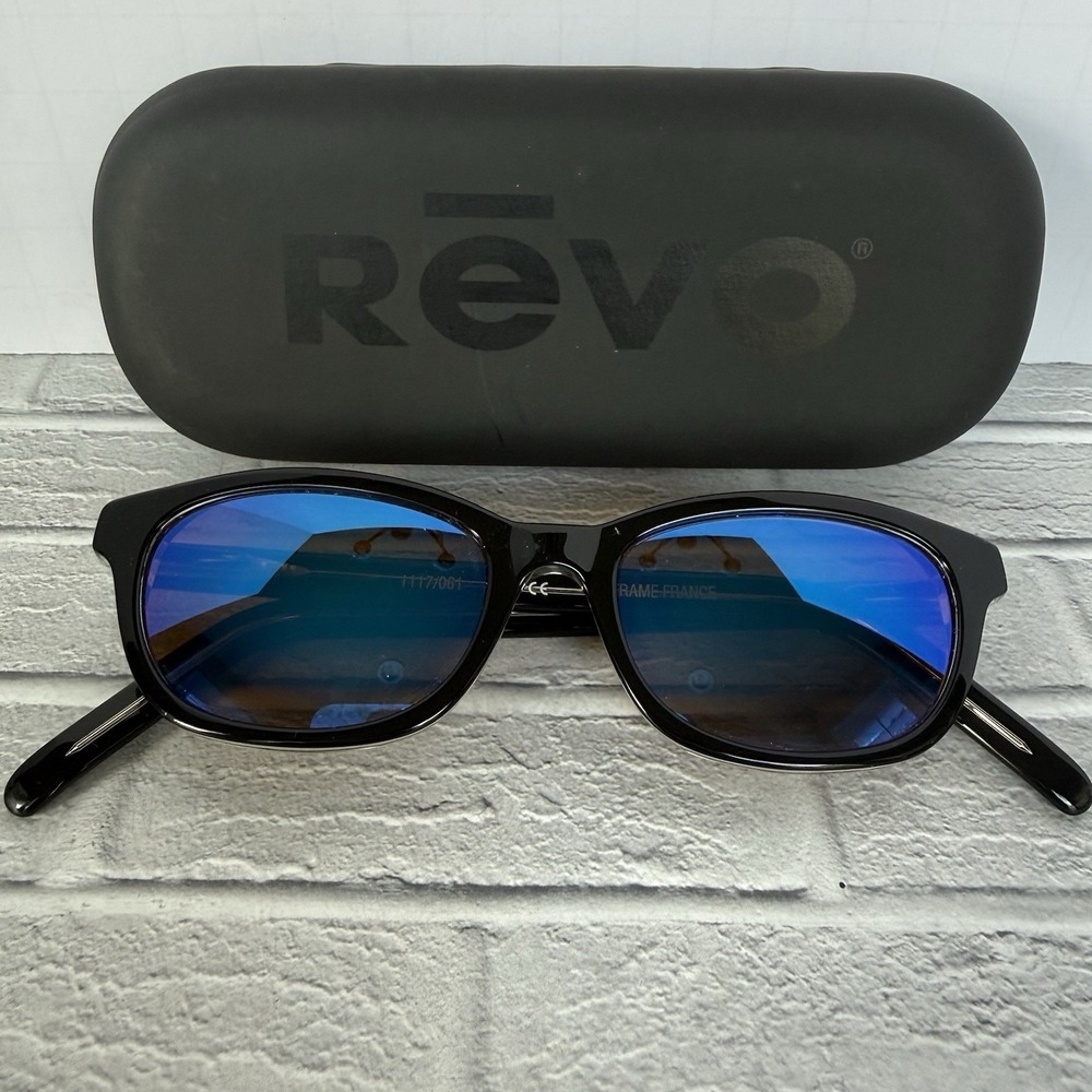 Vintage 1980s Revo "Boxy" Sunglasses 1117/061 Black Frames France Blue Mirror